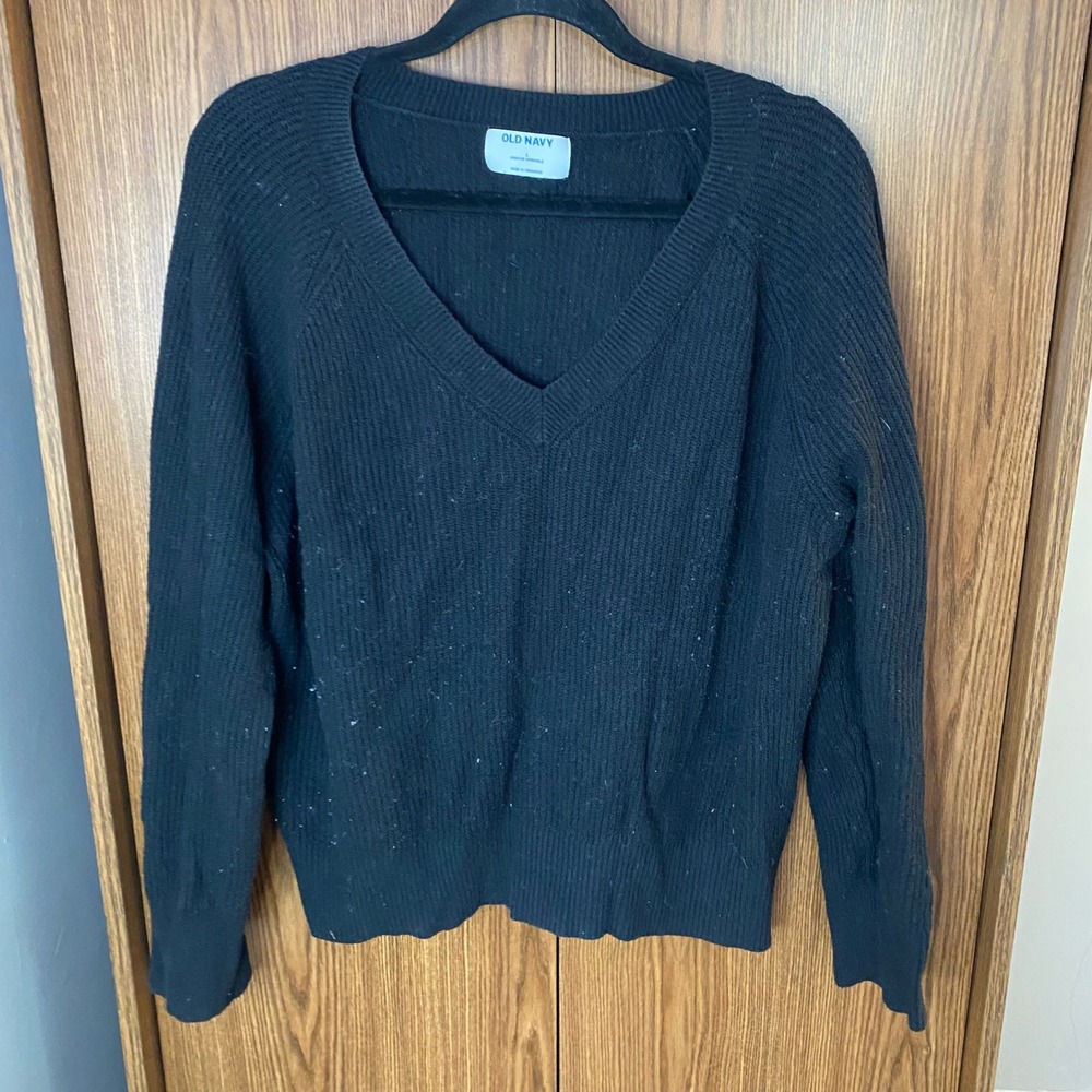 Old Navy V-Neck Sweater Womens‎ Large Black Shaker Stitch Raglan Pullover